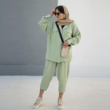 Women's Fashion Loose Solid Color Turndown Collar Long Sleeve Shirt Nine-Point Pants Two Piece Set