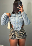 Fashionable Women's Style Irregularside Cutouts  Denim Top