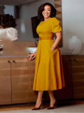 Women's Round Neck Chic Elegant Slim Waist Puff Sleeve A-Line African Dress