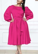 Women's Long Sleeve Round Neck Lace-Up Solid Color A-Line Dress Women's Long Sleeve Round Neck Lace-Up Solid Color A-Line Dress