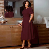 Women's Round Neck Chic Elegant Slim Waist Puff Sleeve A-Line African Dress