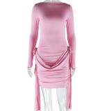 Women's Solid Color Round Neck Long Sleeve Lace Up Flower Bodycon Trendy Dress