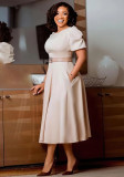 Women's Round Neck Chic Elegant Slim Waist Puff Sleeve A-Line African Dress