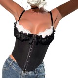 Sexy See-Through Lace Mesh Patchwork Fishbone Strap Tank Top