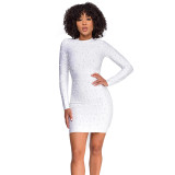 Women Solid Winter Beaded Long Sleeve Bodycon Dress