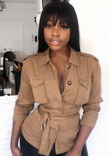 Women's Fashion Stand Collar Solid Color Pocket Shirt With Belt