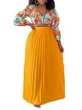Women's Fashionable V Neck Printed Top Pleated Long Skirt African Two Piece Set