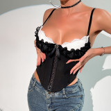 Sexy See-Through Lace Mesh Patchwork Fishbone Strap Tank Top