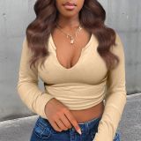 Women's Solid Long Sleeve U-Neck Crop Top