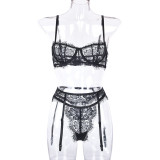 Sexy Hollow Strap Bra Thong Garter Three-Piece Lingerie Set