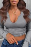 Women's Solid Long Sleeve U-Neck Crop Top