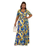 Plus Size Women Bohemian Beach Tie Dye Casual Slit Short Sleeve Maxi Dress