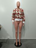 Women Flower Ribbed Long Sleeve Jacket
