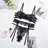 Sexy Hollow Strap Bra Thong Garter Three-Piece Lingerie Set