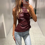 Women's Leather Slim Waist Sleeveless Women's Tank Top