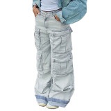 Women American Fashion Retro Cargo Denim Straight Pants