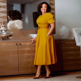 Women's Round Neck Chic Elegant Slim Waist Puff Sleeve A-Line African Dress