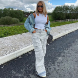 Women American Fashion Retro Cargo Denim Straight Pants