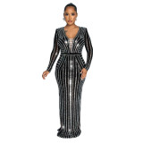 Fashion Women's Solid Color Beaded Long Sleeve Slit Maxi Dress