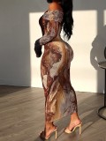 Women's Retro Fashion Print Sexy Off Shoulder Long Sleeve Trendy Dress