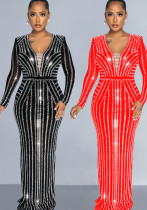 Fashion Women's Solid Color Beaded Long Sleeve Slit Maxi Dress Fashion Women's Solid Color Beaded Long Sleeve Slit Maxi Dress