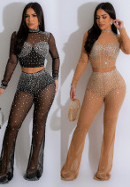 Fashionable Women's Solid Color Beaded Mesh Long-Sleeved Two-Piece Trousers Set