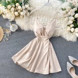 Spring Feminine V-Neck Low Back Slim Waist High Waist Slim Fit Solid Color Straps Basic A-Line Dress