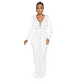 Fashion Women's Solid Color Beaded Long Sleeve Slit Maxi Dress