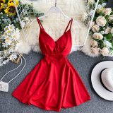 Spring Feminine V-Neck Low Back Slim Waist High Waist Slim Fit Solid Color Straps Basic A-Line Dress