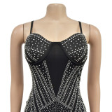 Fashion Women's Solid Color Sexy Beaded Mesh Strap Dress