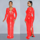 Fashion Women's Solid Color Beaded Long Sleeve Slit Maxi Dress