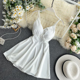 Spring Feminine V-Neck Low Back Slim Waist High Waist Slim Fit Solid Color Straps Basic A-Line Dress