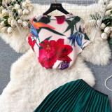Fashion Women's Short Sleeve Printed Pleated Top High Waisted Slim Fit Wide Leg Pants Two-Piece Set