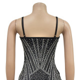 Fashion Women's Solid Color Sexy Beaded Mesh Strap Dress