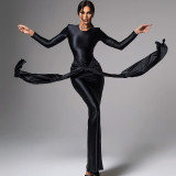 Women's Solid Color Round Neck Long-Sleeved Streamer Tie Chic Long Dress