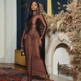 Women's Solid Color Round Neck Long-Sleeved Streamer Tie Chic Long Dress