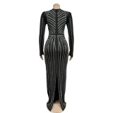 Fashion Women's Solid Color Beaded Long Sleeve Slit Maxi Dress