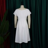Summer V-Neck Solid Color Slim Waist Bow Lace-Up A-Line Dress
