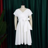 Summer V-Neck Solid Color Slim Waist Bow Lace-Up A-Line Dress
