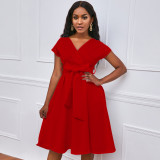 Summer V-Neck Solid Color Slim Waist Bow Lace-Up A-Line Dress