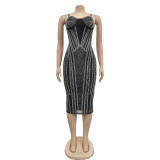 Fashion Women's Solid Color Sexy Beaded Mesh Strap Dress