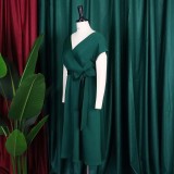 Summer V-Neck Solid Color Slim Waist Bow Lace-Up A-Line Dress
