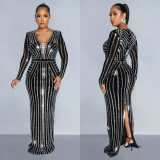 Fashion Women's Solid Color Beaded Long Sleeve Slit Maxi Dress
