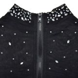 Fashionable Women's Solid Color Beaded Mesh Long-Sleeved Two-Piece Trousers Set