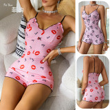 Heart Printed Sexy Straps Jumpsuit Women's Home Clothes