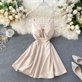Spring Feminine V-Neck Low Back Slim Waist High Waist Slim Fit Solid Color Straps Basic A-Line Dress