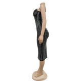 Fashion Women's Solid Color Sexy Beaded Mesh Strap Dress