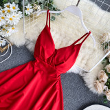 Spring Feminine V-Neck Low Back Slim Waist High Waist Slim Fit Solid Color Straps Basic A-Line Dress