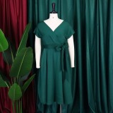 Summer V-Neck Solid Color Slim Waist Bow Lace-Up A-Line Dress