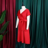 Summer V-Neck Solid Color Slim Waist Bow Lace-Up A-Line Dress